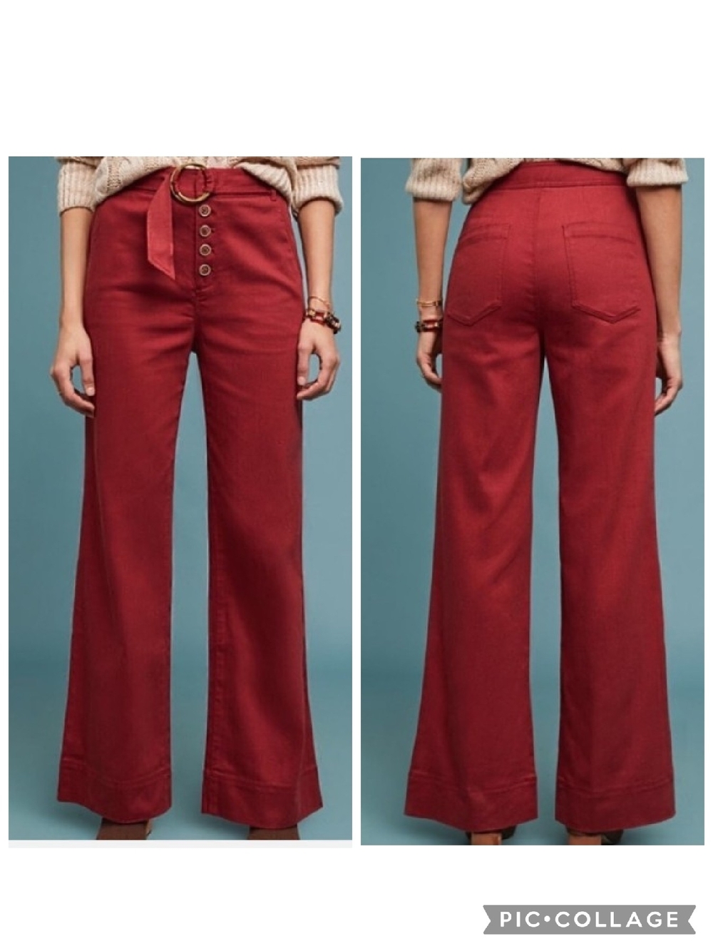 Anthropologie Red Twill High Rise Cassidy Belted Wide-Leg Pants Size 8